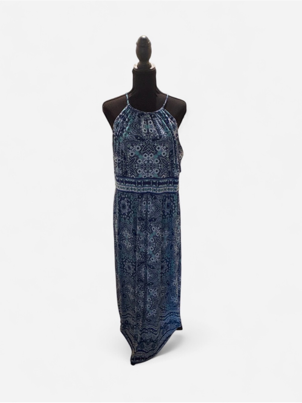 Blue Patterned Halter Maxi Dress